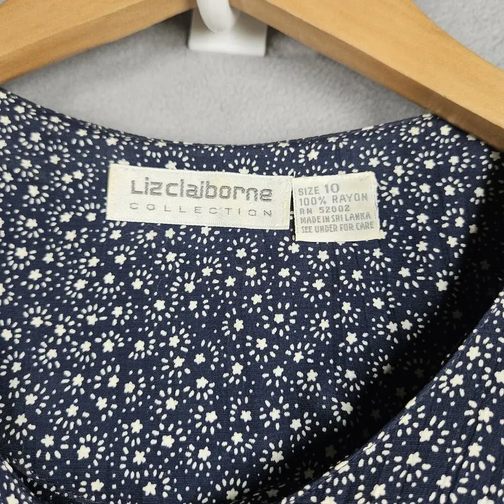 Vtg Liz Claiborne Dress Size 10 Blue Midi Stars Cottage Celestial Modest Pockets